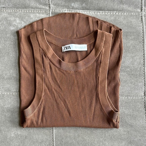 Zara Brown Ribbed Fitted Tank Top - Picture 5 of 6